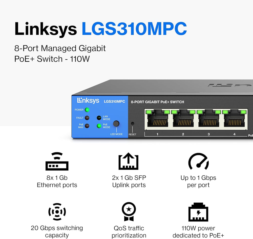 Linksys LGS310MPC 8 Port Gigabit Network PoE+ Switch