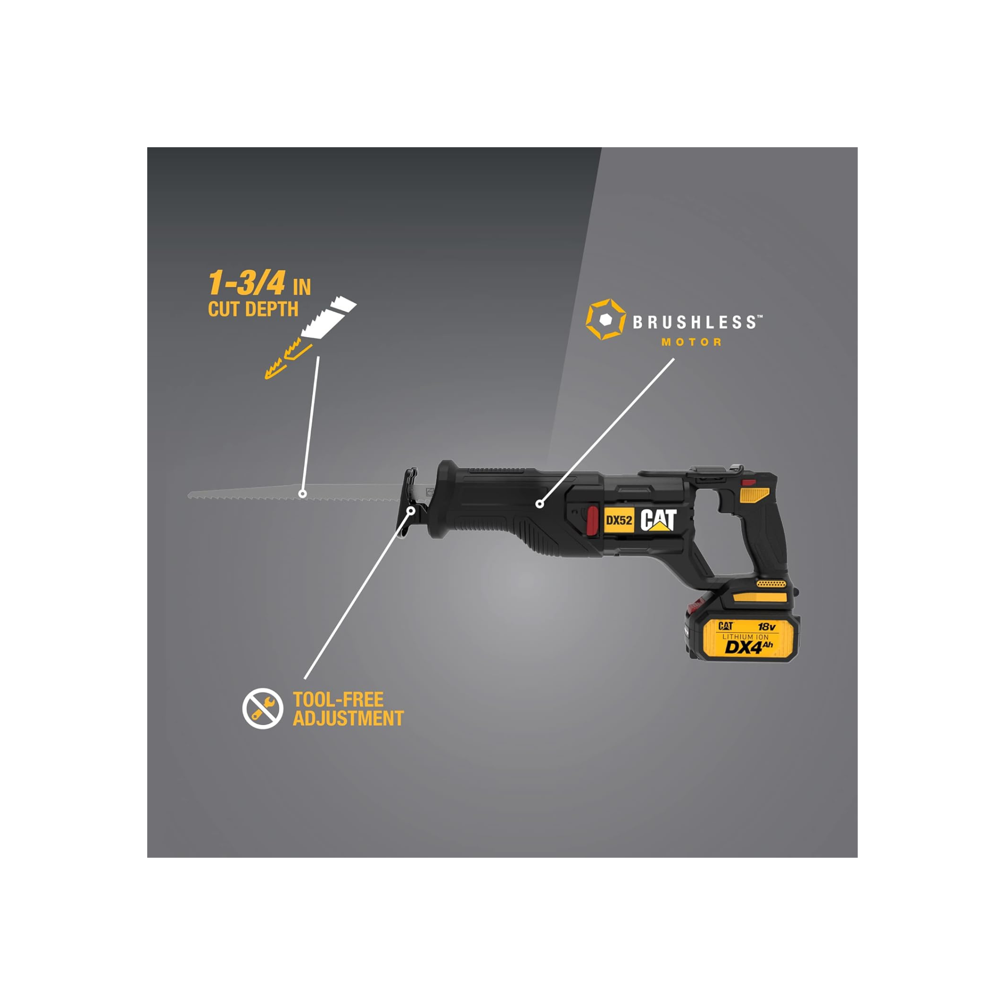 Cat DX52 18V Cordless Reciprocating Saw with 3000 SPM Variable Speed, Lightweight Brushless Saw, Cordless with Tool-Free Blade Change Battery & Charger Included