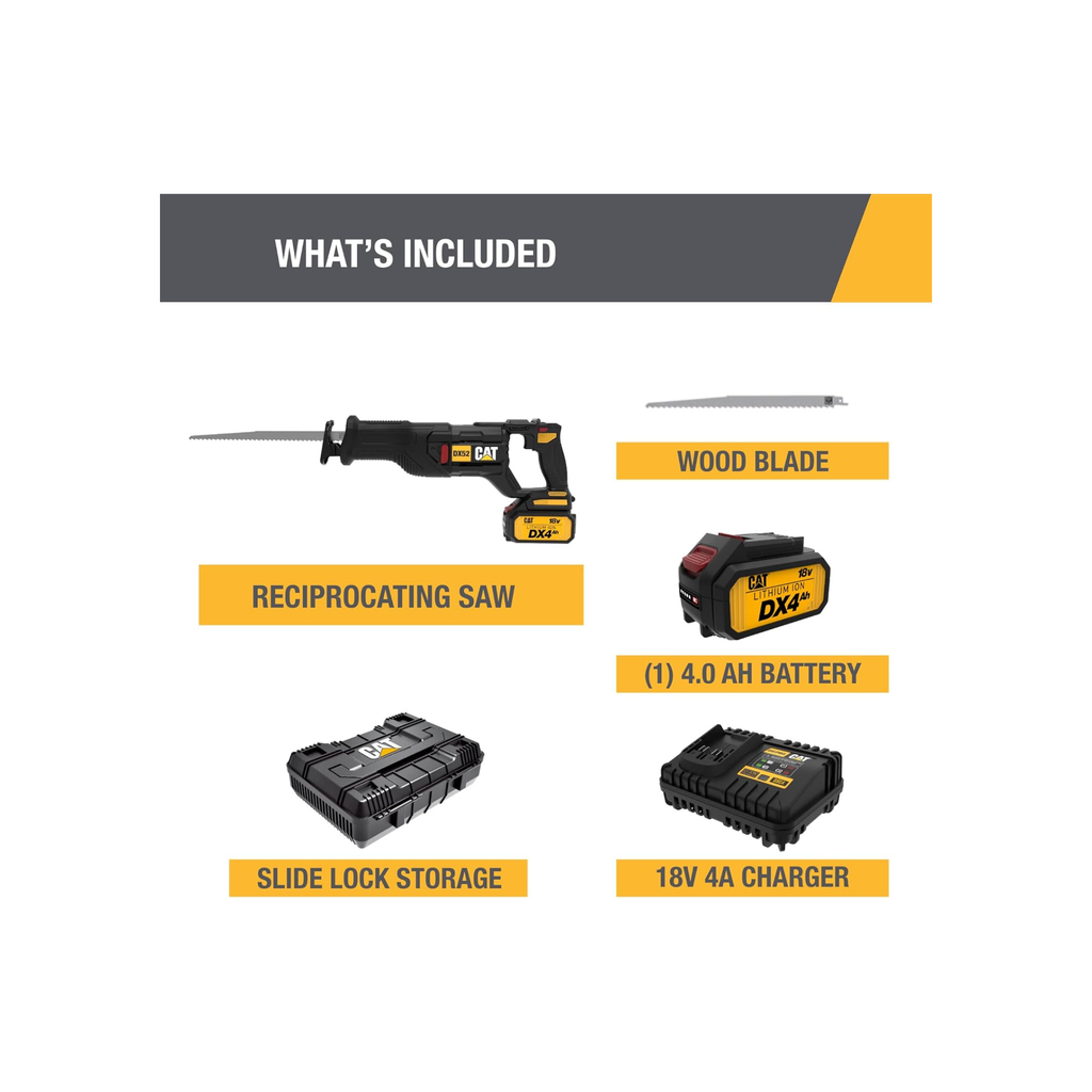 Cat DX52 18V Cordless Reciprocating Saw with 3000 SPM Variable Speed, Lightweight Brushless Saw, Cordless with Tool-Free Blade Change Battery & Charger Included