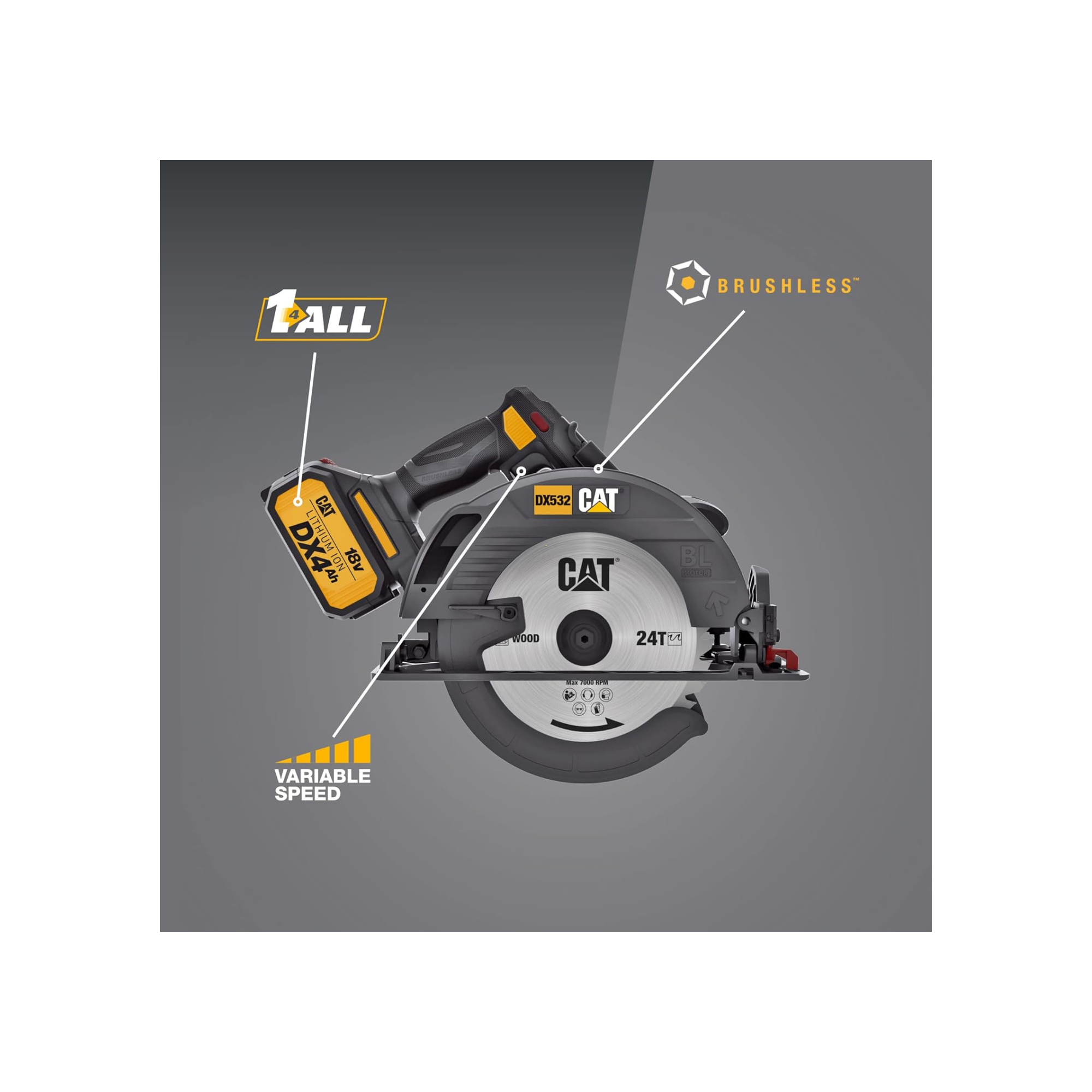 Caterpillar Cat® 18V 1 FOR ALL 7-1/4” Cordless Circular Saw DX532 with Brushless Motor and battery included