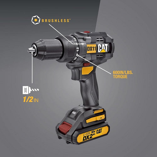 Caterpillar Cat® 18V 1 FOR ALL 1/2" Cordless Drill/Driver DX11 with Brushless Motor and 2 Batteries