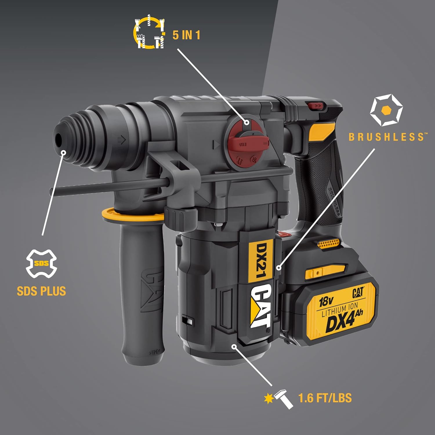 Caterpillar Cat® 18V 1 FOR ALL 1” Cordless Rotary Hammer Drill DX21 with Brushless Motor and Two Batteries