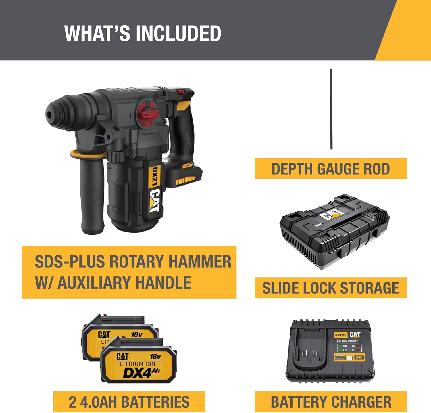 Caterpillar Cat® 18V 1 FOR ALL 1” Cordless Rotary Hammer Drill DX21 with Brushless Motor and Two Batteries