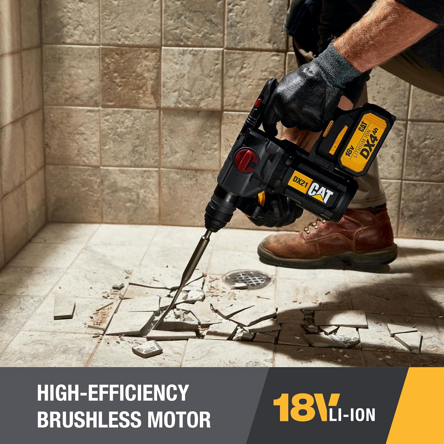 Caterpillar Cat® 18V 1 FOR ALL 1” Cordless Rotary Hammer Drill DX21 with Brushless Motor and Two Batteries