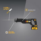 Cat DX52 18V Cordless Reciprocating Saw with 3000 SPM Variable Speed, Lightweight Brushless Saw, Cordless with Tool-Free Blade Change Battery & Charger Included