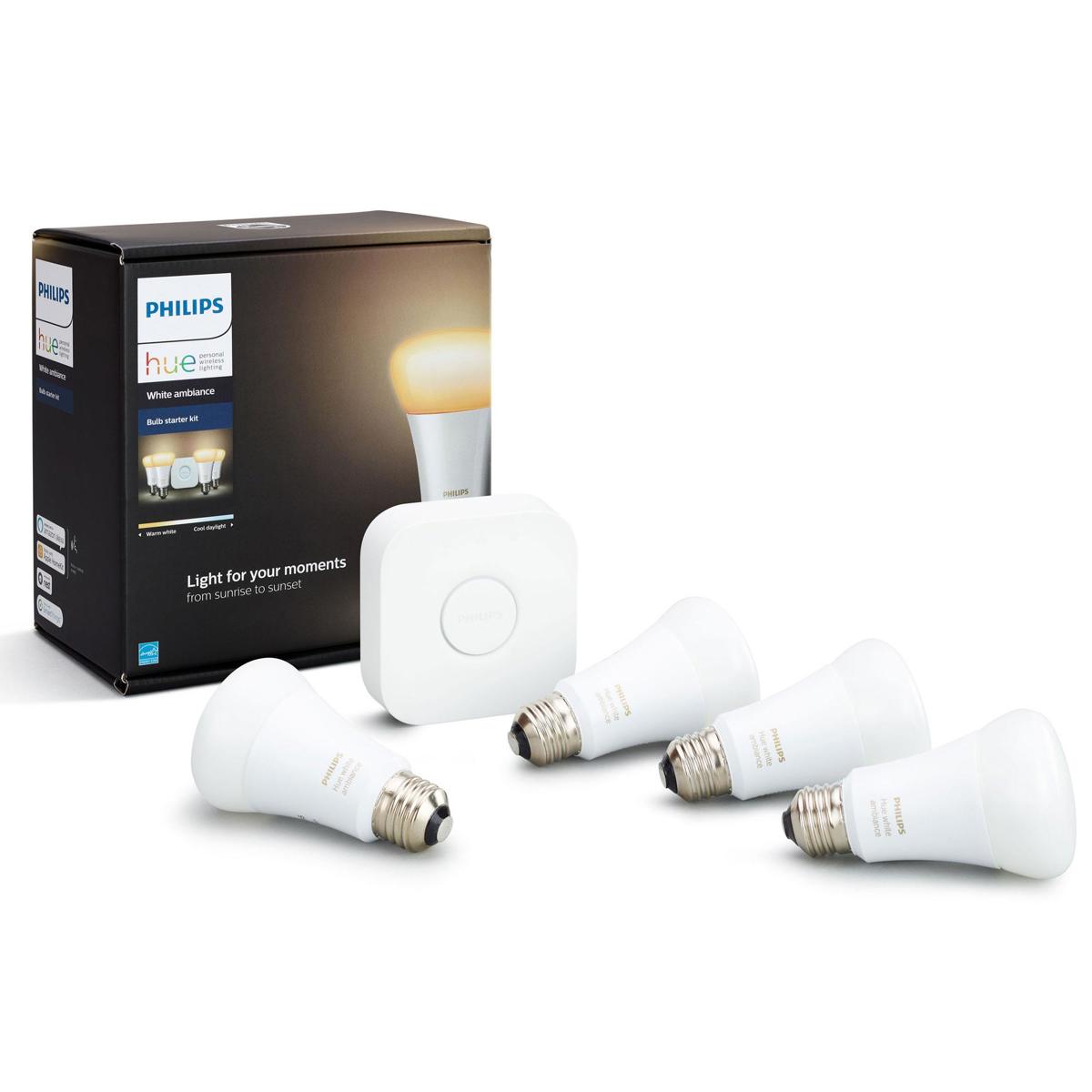 Philips Hue A19 Starter Kit, Includes Hue A19 4x White Ambiance Light Bulbs and Hue Bridge