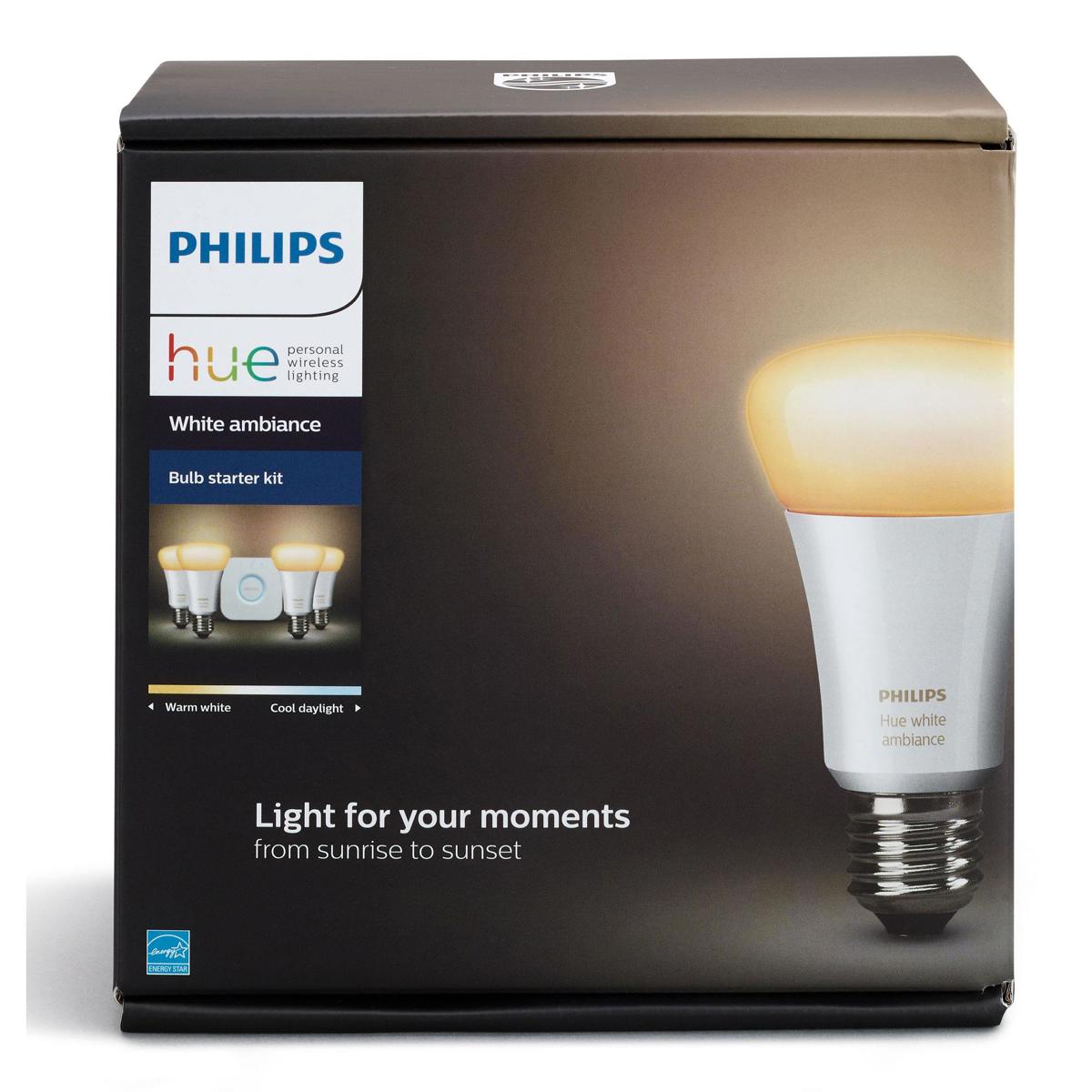 Philips Hue A19 Starter Kit, Includes Hue A19 4x White Ambiance Light Bulbs and Hue Bridge
