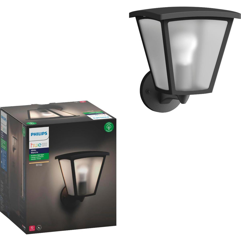 Hue White Inara Black Outdoor LED Wall Mount Sconce with Smart Wireless A19 Light Bulb on