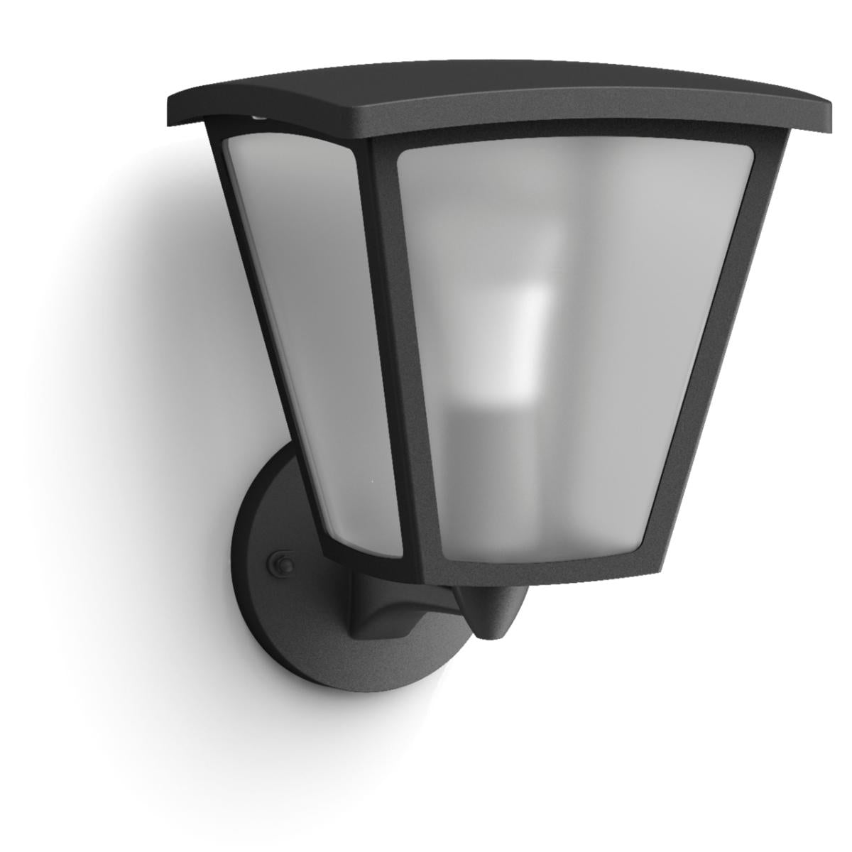 Hue White Inara Black Outdoor LED Wall Mount Sconce with Smart Wireless A19 Light Bulb on