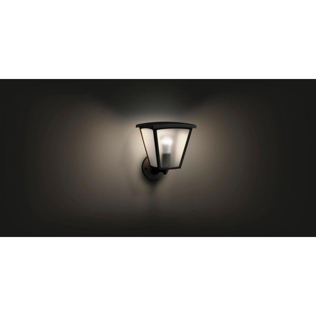 Hue White Inara Black Outdoor LED Wall Mount Sconce with Smart Wireless A19 Light Bulb on