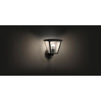 Hue White Inara Black Outdoor LED Wall Mount Sconce with Smart Wireless A19 Light Bulb on