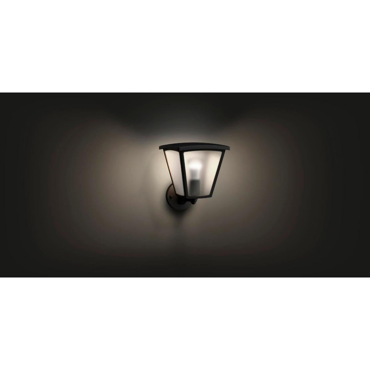 Hue White Inara Black Outdoor LED Wall Mount Sconce with Smart Wireless A19 Light Bulb on