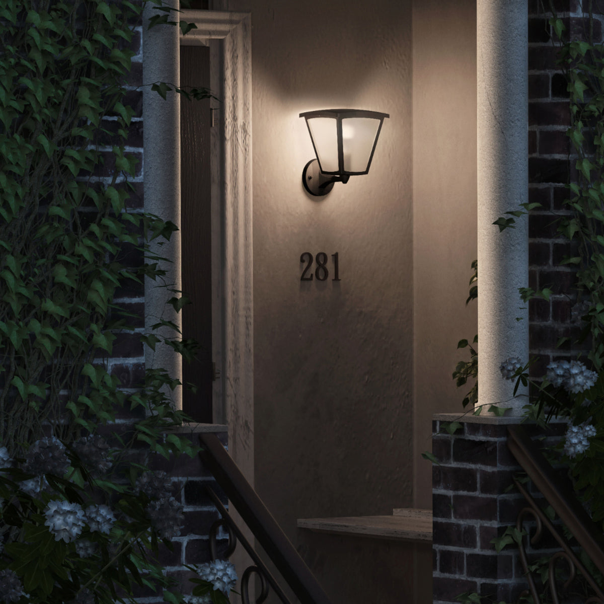 Hue White Inara Black Outdoor LED Wall Mount Sconce with Smart Wireless A19 Light Bulb on