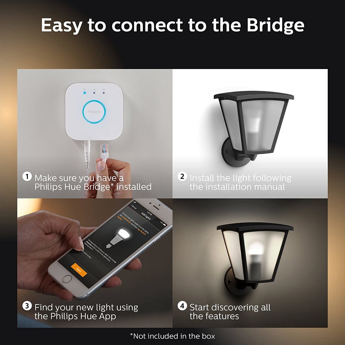 Hue White Inara Black Outdoor LED Wall Mount Sconce with Smart Wireless A19 Light Bulb on