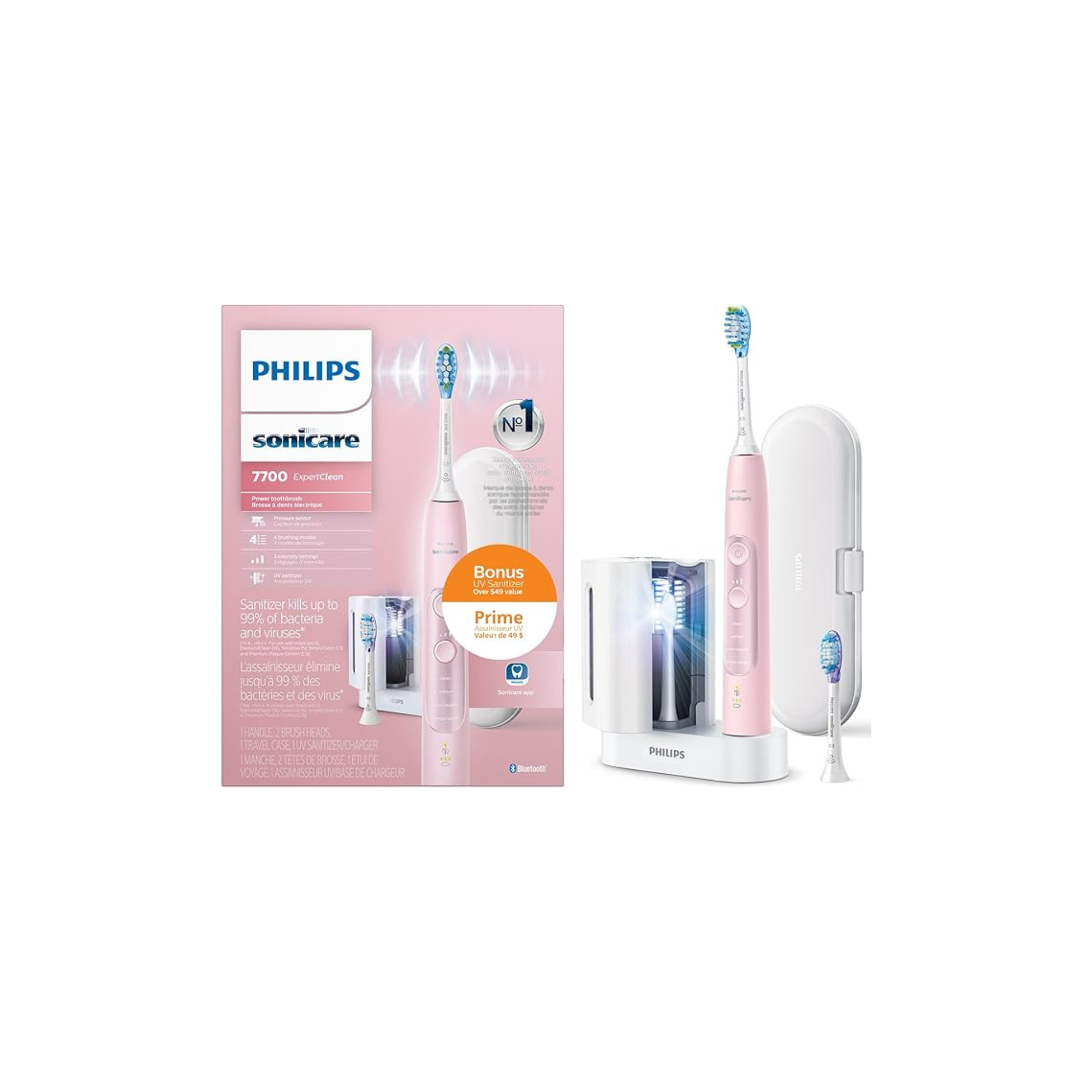 Philips Sonicare ExpertClean 7700 Rechargeable Electric Toothbrush with Bluetooth & UV Sanitizer, HX9630/17, Pink