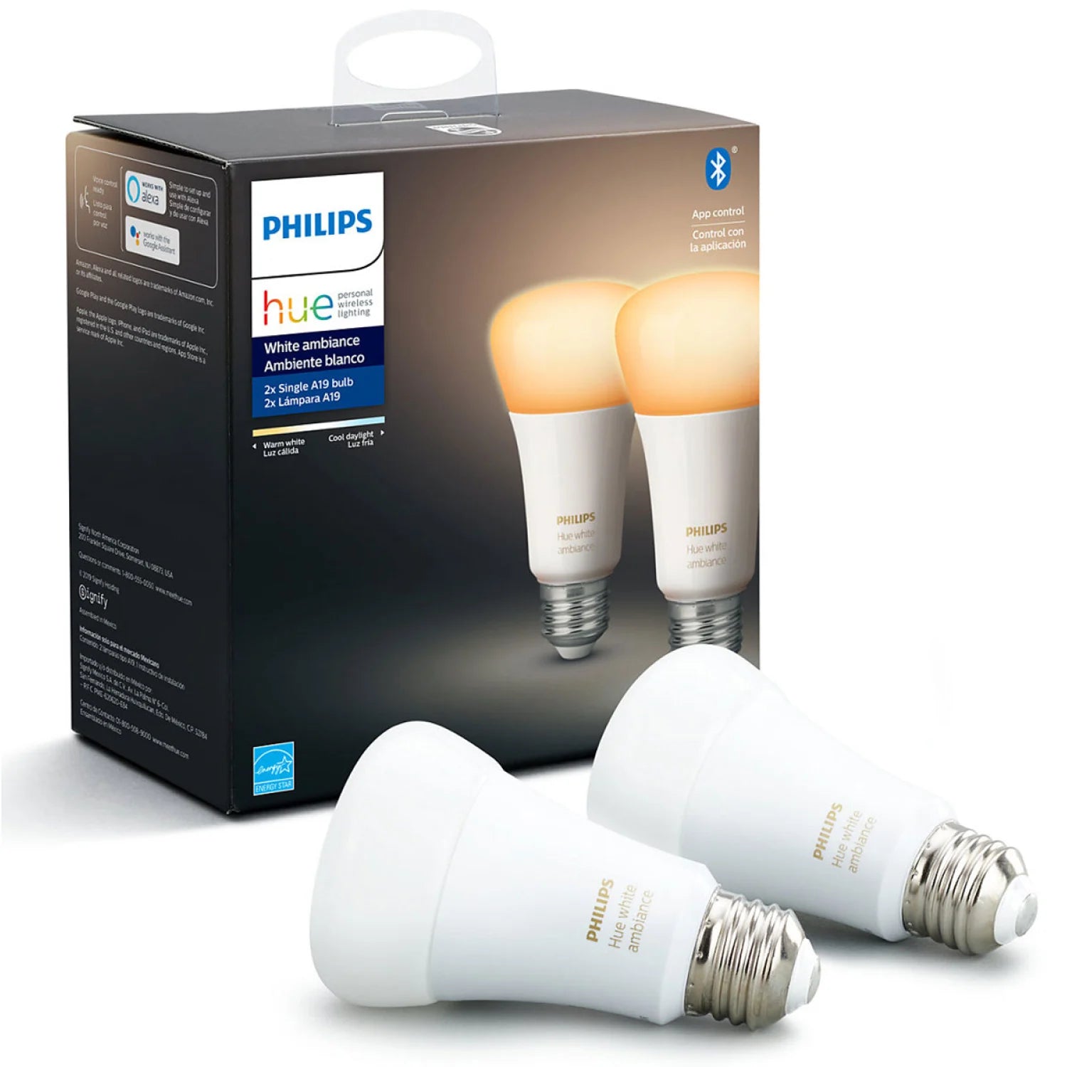 Philips Hue White Ambiance A19 Bluetooth Smart LED Bulb (2-Pack)
